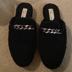Vintage Havana black mule slippers with silver chain detail